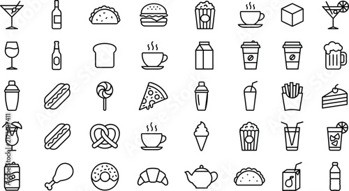  Fast food and beverage line icon set featuring burger pizza hotdog cocktail coffee snacks items