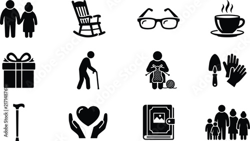  Grandparents Day icon set featuring elderly couple rocking chair walking stick eyeglasses and family silhouette design element