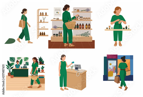Flat illustration set of a woman shopping for organic skincare products at a local boutique, featuring scenes of browsing, testing, and purchasing with eco-friendly habits.