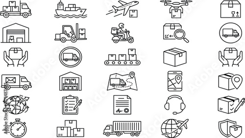  Global shipping line icon set featuring cargo plane ship delivery drone courier scooter package tracking navigation (16 words)