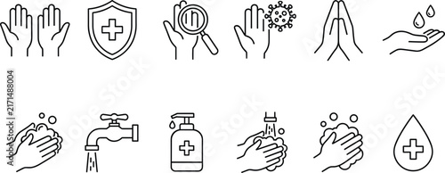  Hand hygiene and sanitization vector line icon set featuring washing hands soap sanitizer virus protection