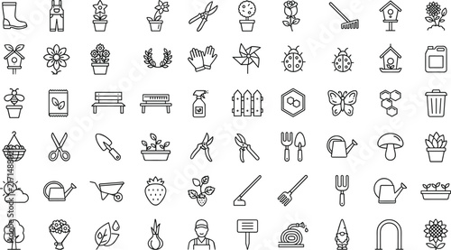  Horticulture and backyard gardening line icon set featuring pruner shear wheelbarrow birdhouse hose gnome plants