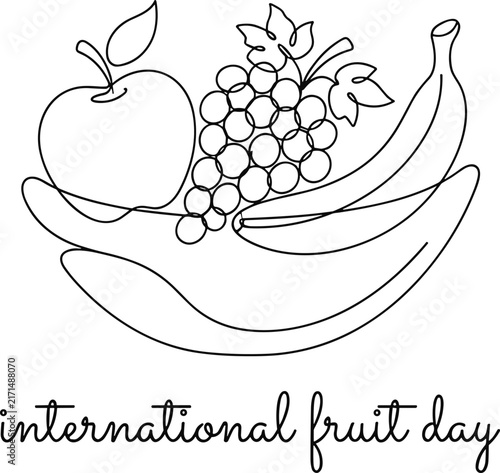  International fruit day continuous line art vector illustration featuring apple grapes and bananas bowl fresh fruit design element