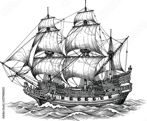 Vintage vintage hand drawn sailing ship tall vessel on ocean waves engraving vector illustrationVintage vintage hand drawn sailing ship tall vessel on ocean waves engraving vector illustration