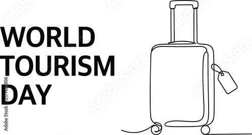  World Tourism Day continuous line art vector illustration featuring travel suitcase luggage tag and typography design element