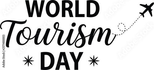  World Tourism Day typography vector illustration featuring flying airplane route line design element