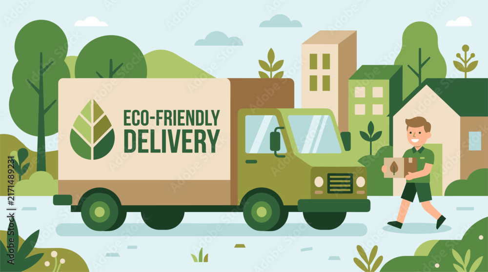 Obraz premium Flat design illustration of a delivery truck with eco-friendly text and a man carrying a package in a green urban landscape