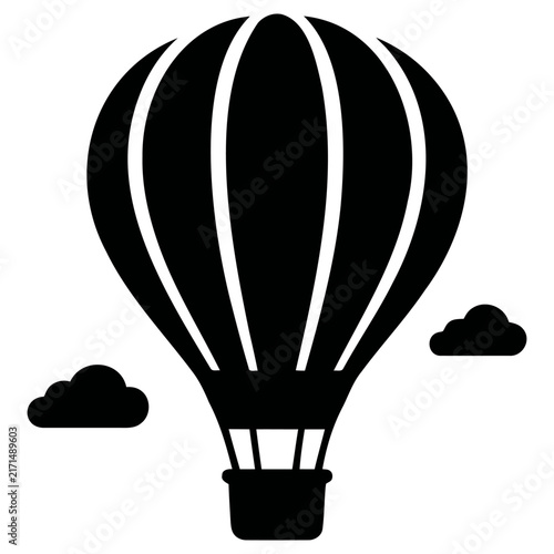 Bild auf Leinwand A stylized vector illustration of a black hot air balloon with a basket suspended in the sky above small clouds