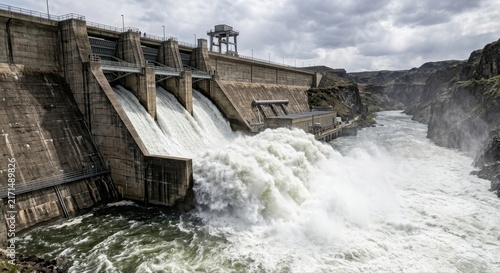 Fotografie Powerful surge of water rushing through a massive concrete hydroelectric dam und