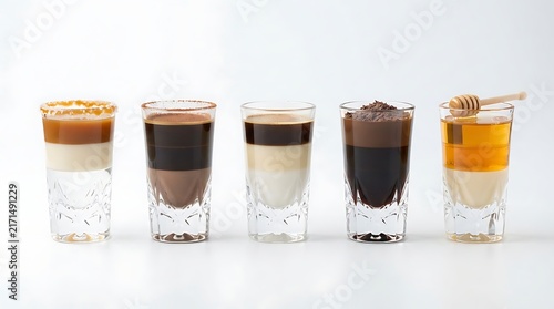 Five layered cocktail shots with different liqueurs, syrups, and toppings isolated on white background