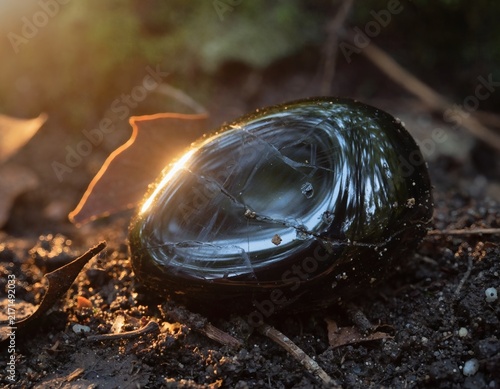 Obsidian Stone Resting on Forest Humus, Intense Point-Light Reflection Blazing Across Its Curved Volcanic Glass Surface Like a Lens