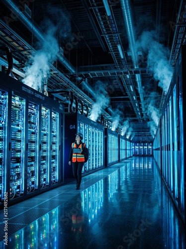 A person walking down a long corridor filled with server racks in a data center, with blue lights illuminating the room and steam rising from the equipment