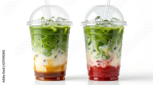 Two iced matcha latte drinks in plastic cups with dome lids, one with caramel and one with strawberry, isolated on white background