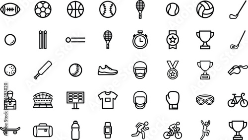 Set of black and white sports equipment and activity line