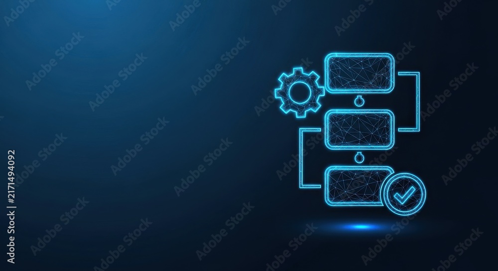 Fototapeta premium Abstract glowing neon database server architecture with gear and data flow on dark digital background
