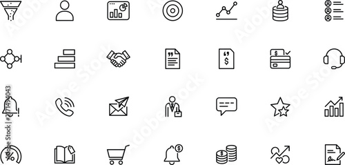 Set of black outline business and finance on white background