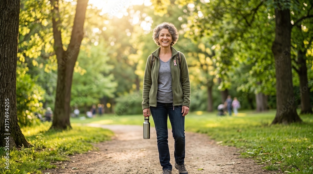 Fototapeta premium Smiling woman with curly hair walking in a park wearing a green jacket and jeans holding a water bottle