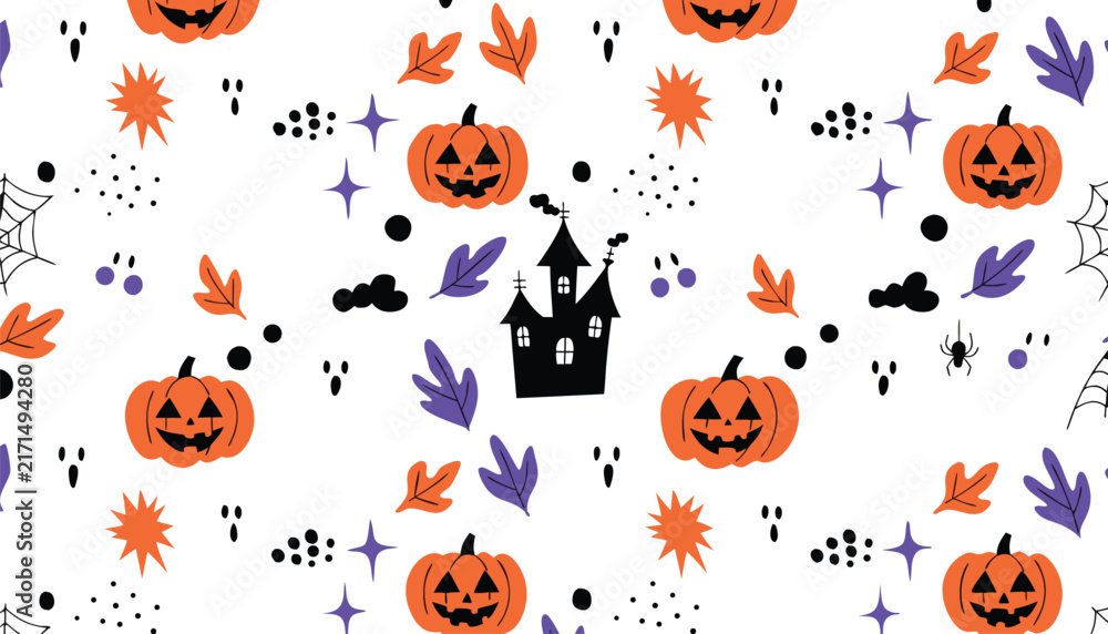 Obraz premium Seamless Halloween Pattern with Haunted House, Pumpkins and Bats 
