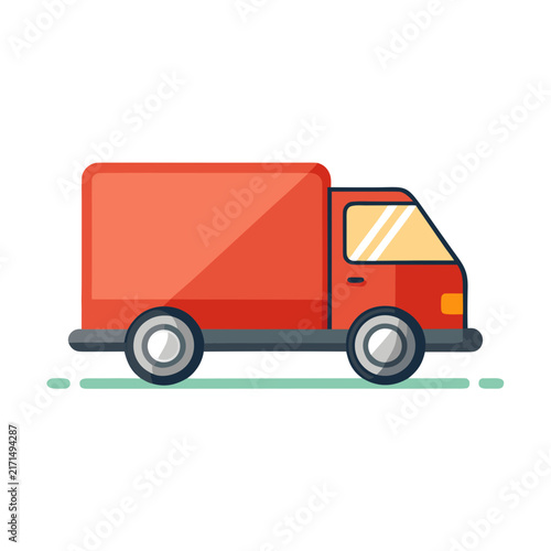 Red delivery truck icon for logistics shipping and cargo transportation, flat color illustration of lorry for commercial courier service
