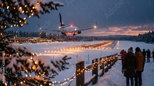 An airplane descends onto a snowy runway at twilight as onlookers admire the winter wonderland scenery
