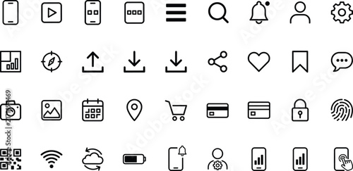 Set of black outline user interface for mobile and web applications