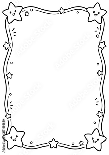 Cute star border frame featuring happy cartoon characters and decorative wavy lines for kids stationery design in black and white