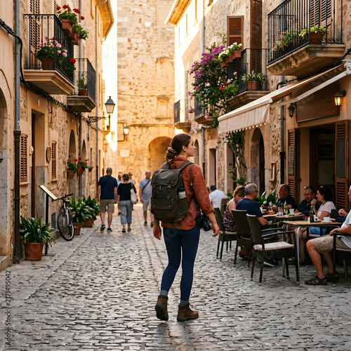 Tourist walking through a charming cobblestone street in a historic