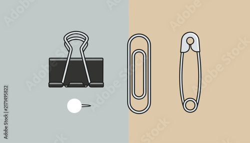 Assortment of daily office supplies including a binder clip, pushpin, paperclip, and safety pin in vector style.