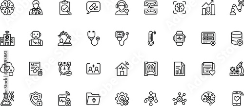Set of medical technology and healthcare ai line digital