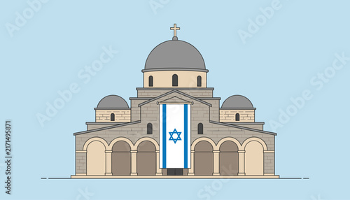Synagogue architecture illustration with the national flag of Israel hanging in the center against a blue sky.