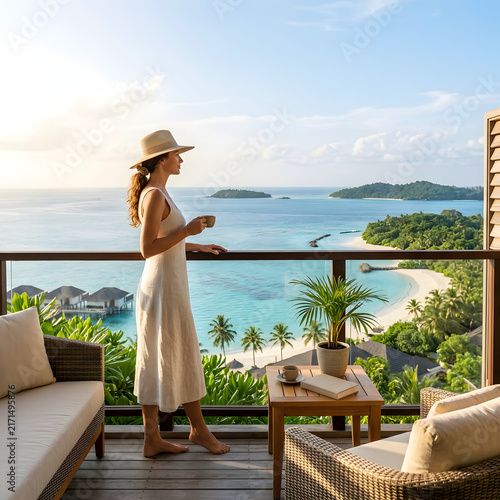 Woman standing on balcony with coffee overlooking tropical island view