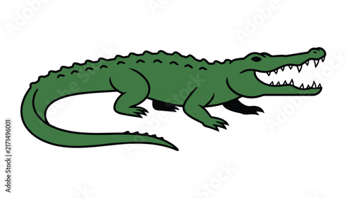 Green crocodile silhouette illustration standing with open mouth displaying sharp teeth on a white background.