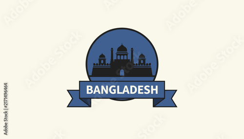 National monument silhouette inside a blue circle with the word Bangladesh on a ribbon banner below on light background.