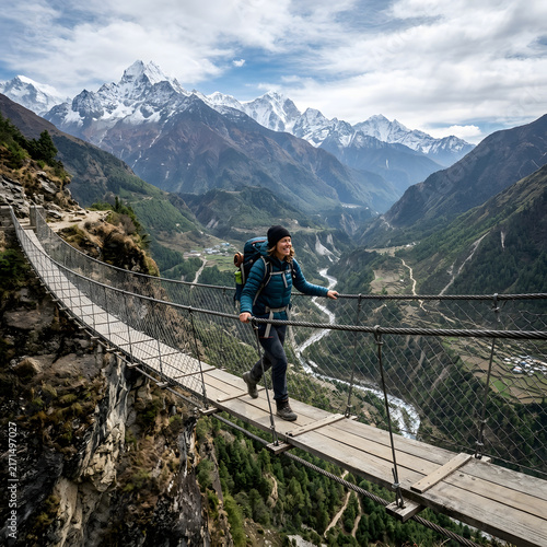 Hiker crossing a suspension bridge in mountain valley scene