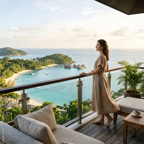 Woman standing on balcony overlooking tropical beach