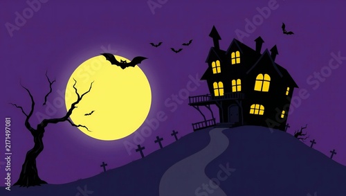 Spooky haunted house with bats and a large full moon on a purple night