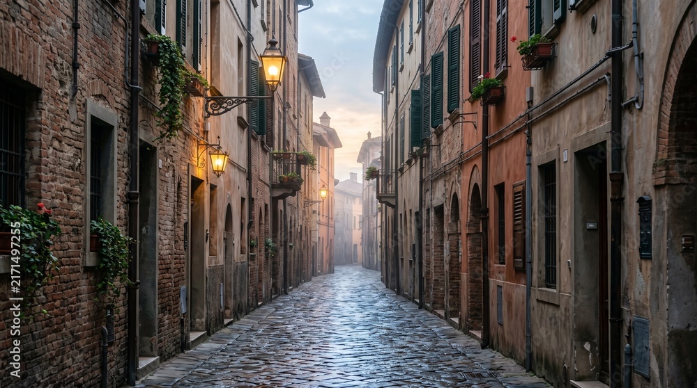 Fototapeta premium Narrow Historic Cobblestone Street in an Ancient Italian Town with Glowing Lanterns and Morning Mist, Romantic Alleyway in Tuscany Architecture