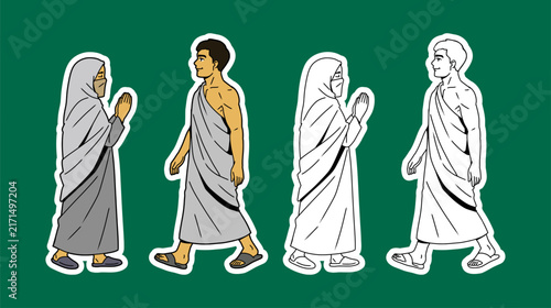 Hajj Pilgrims Couple Walking Color and Outline Illustration Set
