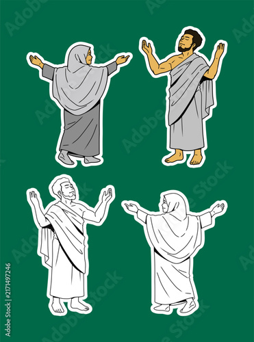 Man and Woman in Prayer Color and Outline Illustration Set