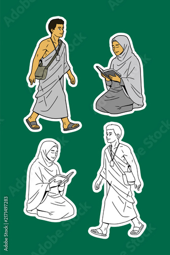Pilgrims and Woman Reading Color and Outline Illustration Set