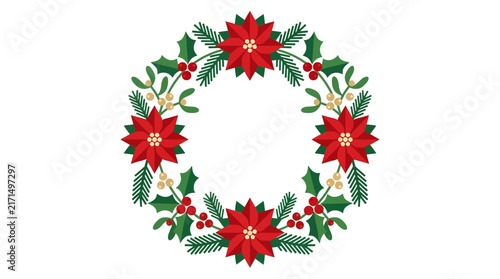 Elegant Christmas wreath with red poinsettia flowers, green holly leaves, golden mistletoe berries and pine branch on white background