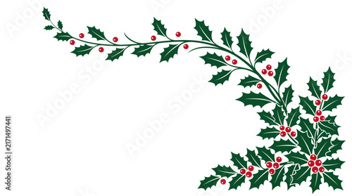 Elegant Christmas Holly Branch Corner Border Decoration Featuring Botanical Mistletoe Poinsettia Accents and Classic Green Pine Branch Elements