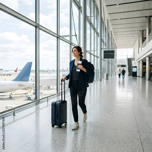 Woman walking through airport terminal with luggage