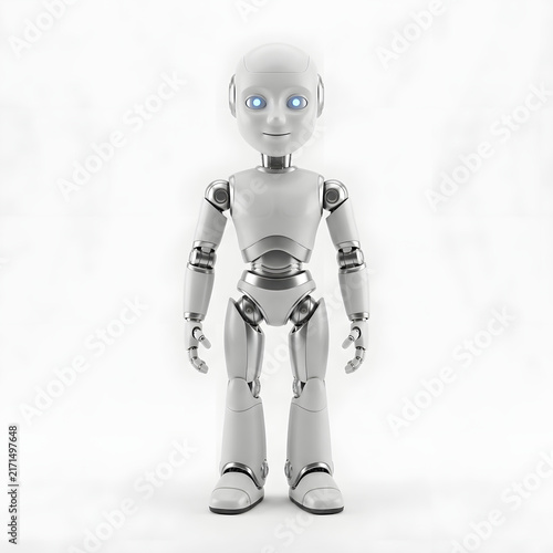 Humanoid robot standing upright with a friendly expression