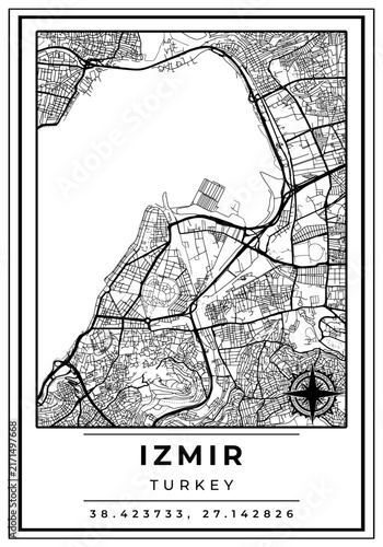Downtown Street Maps of Izmir City Turkiye, Black and White Modern Poster with Location Coordinate and Compass Position, Wall Art Home Decor Ready to Printable