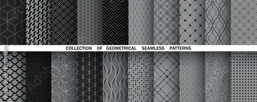 Geometric set of seamless black and gray patterns. Simple vector graphics
