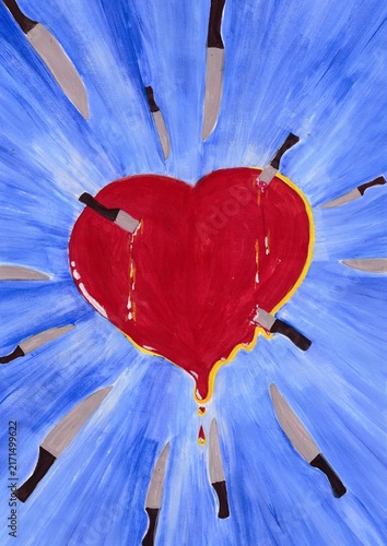 Acrylic painting of A vibrant red heart is pierced by multiple arrows in a hand-painted acrylic style, set against a dynamic blue radial background with visible brushstrokes and dripping paint details