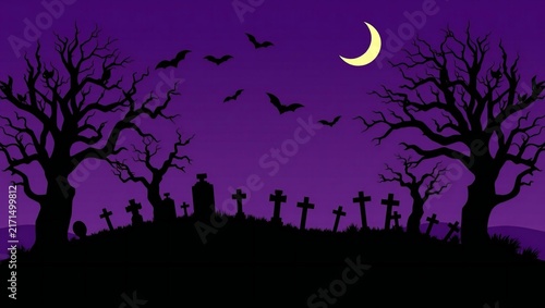 Spooky halloween graveyard with bats flying in the night sky under a crescent moon