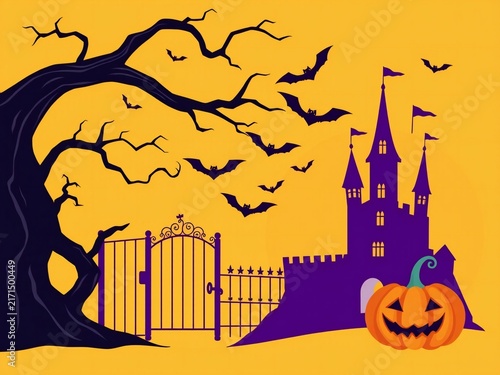 Spooky halloween scene with a haunted castle, a large dead tree, flying bats, and a smiling jack o lantern pumpkin on a yellow background