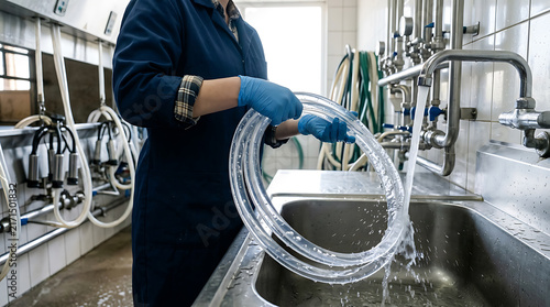 Dairy Farm Worker Cleaning Milking Equipment in Industrial Sink for Hygiene and Food Safety Operations